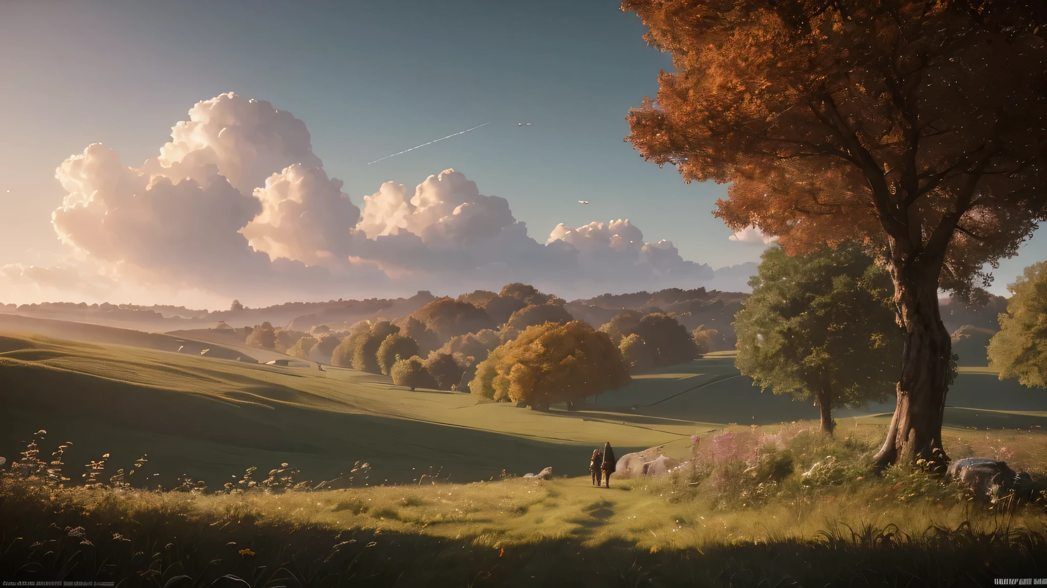 (masterpiece), (best quality, realistic: 1.37). A hyper-realistic digital art of a countryside path with a stone on the side, a detailed meadows ahead with a house in the distance, woods, big valley, big clouds in the horizon, sunny countryside landscape, lush pastoral woodland scene, autumn, peaceful airy romantic landscape, tranquil scene, secluded, rural, HD detail, hyper-detail, cinematic, surrealism, soft light, deep field focus bokeh, ray tracing and surrealism., ChMK style, by Franz Hegi, by Emile Lahner, by Adolf Born, by atey ghailan. The use of advanced rendering techniques and high resolution make this piece a stunning and detailed masterpiece. hyperrealistic concept art, ultra realistic 3d illustration, high detail iconic character, 8 k highly detailed ❤🔥 🔥 💀 🤖 🚀, amazing wallpaper, trending on artstation hd, realism art, extremly detailed, DSLR, cinematic lighting, octane render, sharp focus, highly detailed, photo realistic, hdr