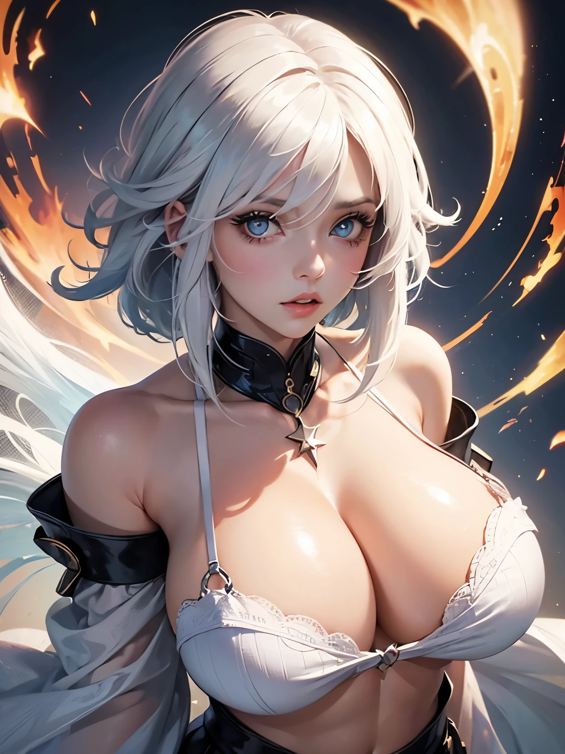 girl, ((huge breasts)), white hair, Colorful pattern, Look at the camera, big eyes, beautiful pupils, upper part of body, abdominal muscles