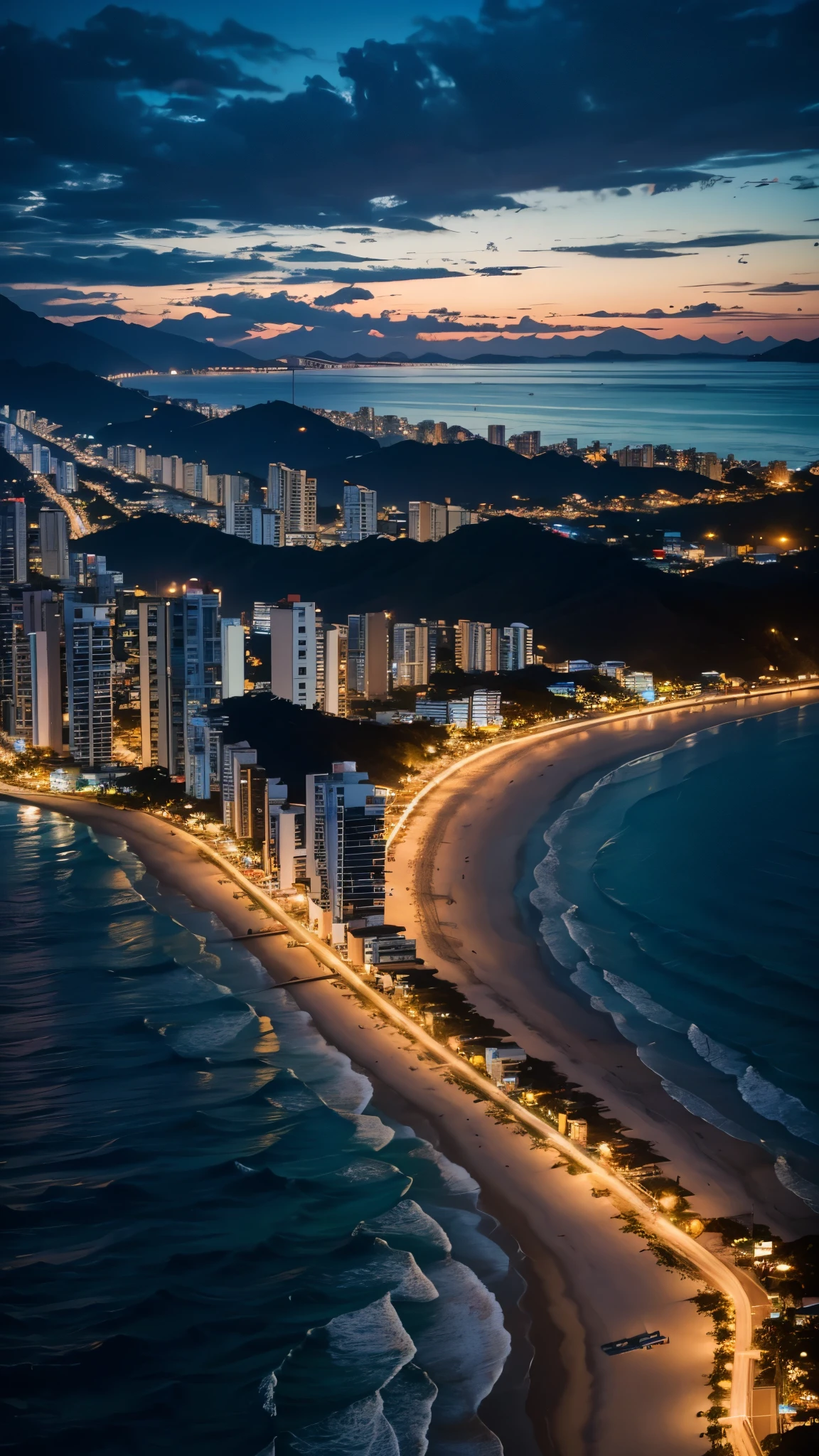 noite na cidade de florianopolis, praia, lua cheia, melhor fotografia, obra prima, 8k