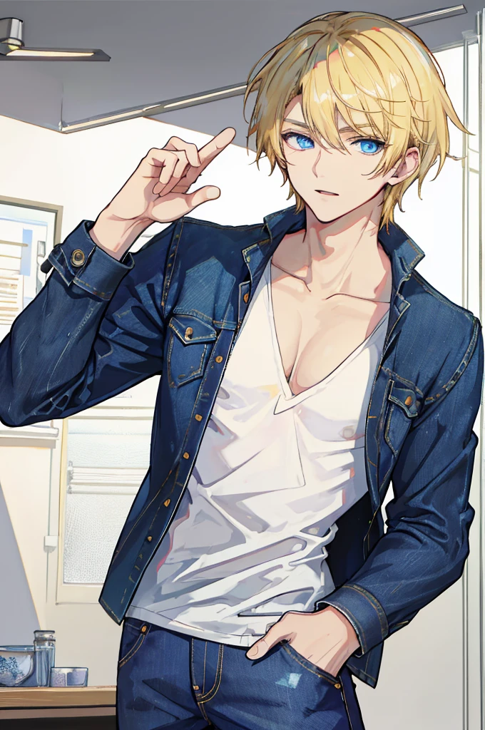 a handsome man,adult,blond,blue eyes,clavicle,Loose top,jeans,casual gesture,