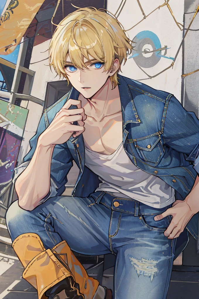 a handsome man,adult,blond,blue eyes,clavicle,Loose top,jeans,casual gesture,