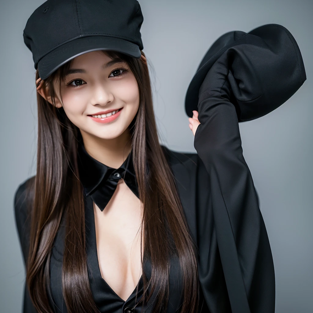 (masterpiece:1.2), (best quality:1.2), dark wizard girl, small breasts, neckline,.hat, facing forward, Smile,
