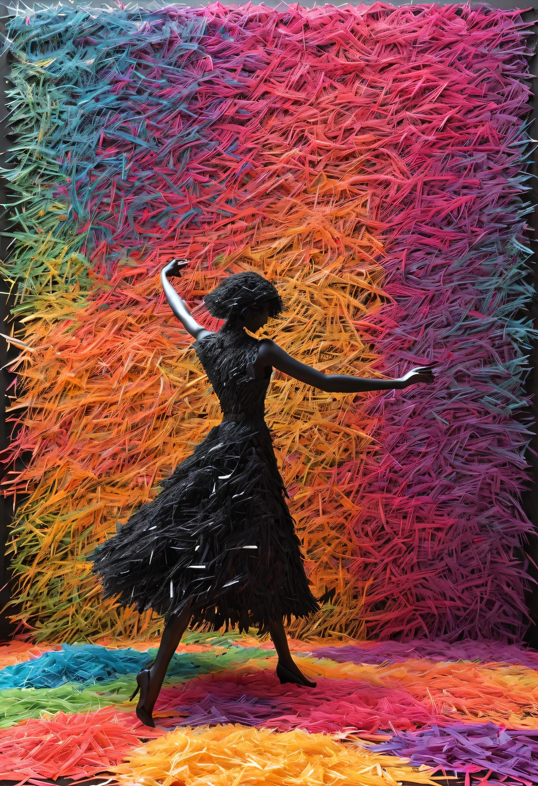 Dancing black and white shredded paper passed through a thin transparent wall and turned into colorful shredded paper. Dancing black and white shredded paper, Dancing colorful shredded paper, perfectly put together,