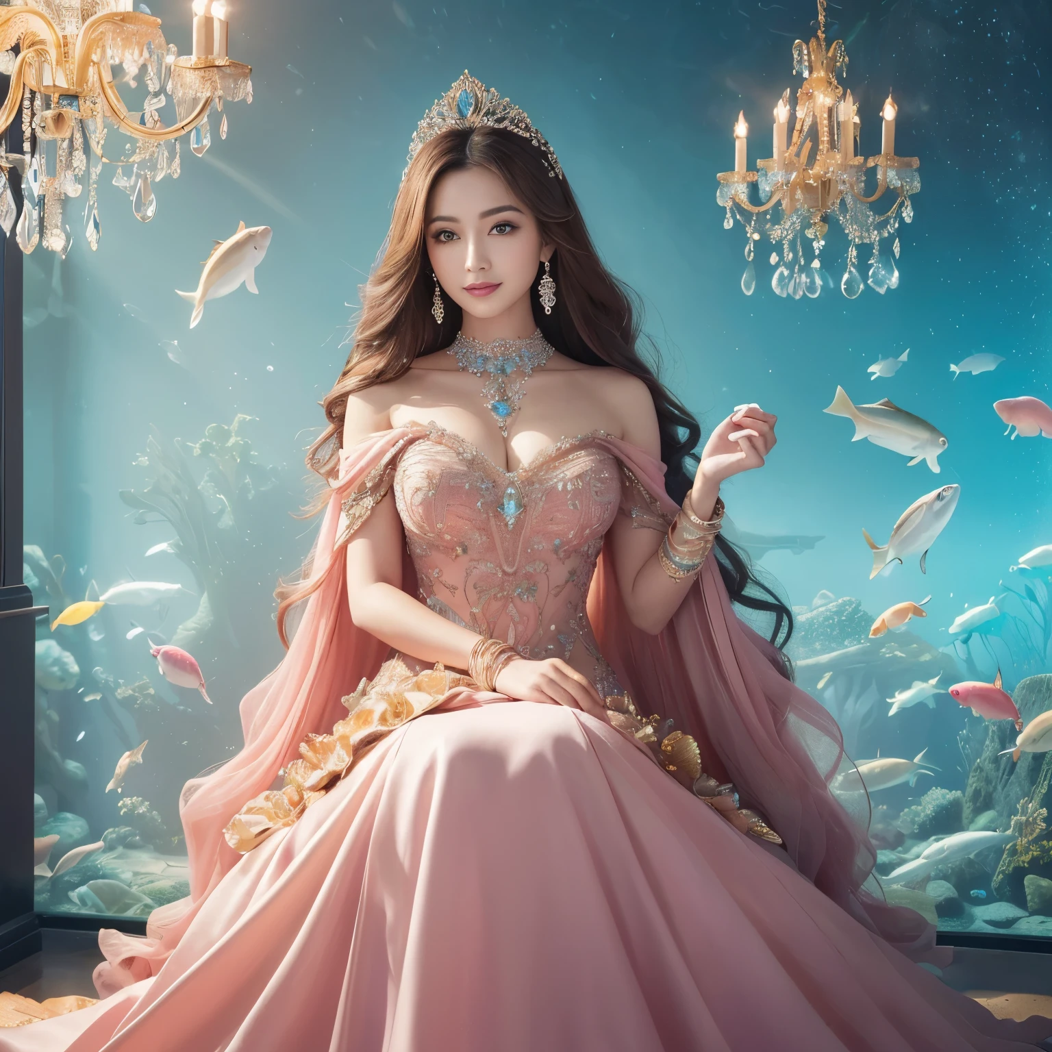 (highest quality、table top、8K、best image quality、hyper realism)、(Mermaid goddess wearing the most extravagant and extravagant finest goddess dress:1.2)、(Mermaid wearing the most extravagant and gorgeous finest goddess dress:1.2)、(The most luxurious and finest transparent sleeve:1.1)、(Sitting on the most luxurious and fantastic bed with the finest decorations:1.2)、(upper body photo:1.1)、(The wall of the room is a huge high-quality aquarium:1.4)、(A huge, highly detailed aquarium of the highest quality:1.3)、(A room surrounded by a huge aquarium of the highest quality:1.3)、(The most detailed depiction of the most beautiful gigantic aquarium that shines fantastically:1.2)、(Surrounded by the most luxurious and fantastical top-quality giant aquariums:1.4)、(The most detailed depiction of sea creatures in a huge aquarium:1.2)、(The most fantastic princess room that shines in pink:1.1), (There are many beautiful corals and shells in the room.)、(the biggest smile when you look at me:1.1)、Wavy brown hair、Complex, Finely shining scales、(Finest Huge Jewelry Decoration:1.1)、The most gorgeous high-end princess costume、the most luxurious decoration、全身にComplex宝石が施されている、Describe her face in detail、Beautifully shining real scales、very finely drawn scales、Giant tiara、Clear and detailed background、(Everything is a fantastic and glittering background:1.1)、(accurate anatomy:1.1)、(The most luxurious and huge finest jewelry decoration:1.1)