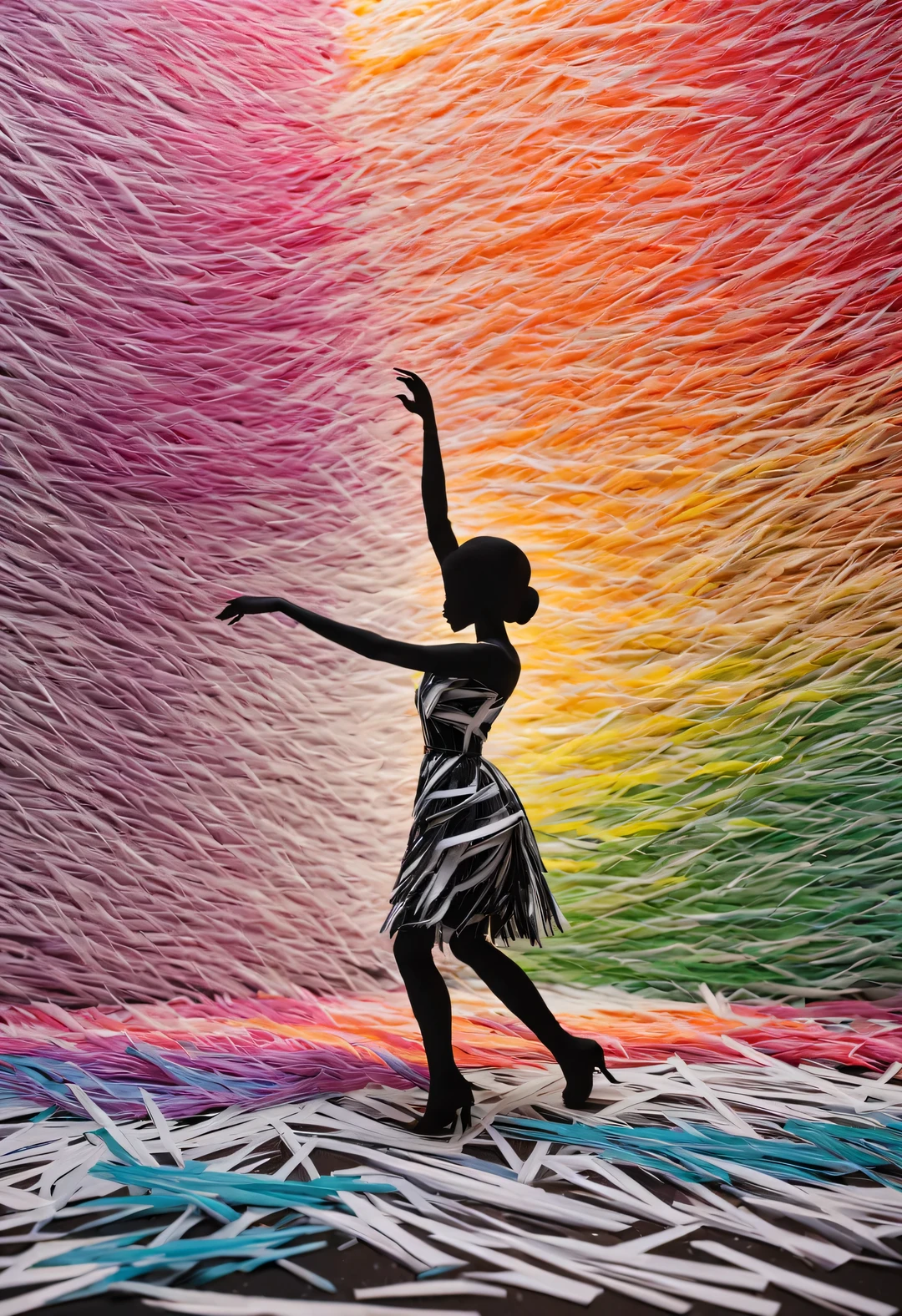 Dancing black and white shredded paper passed through a thin transparent wall and turned into colorful shredded paper. Dancing black and white shredded paper, Dancing colorful shredded paper, perfectly put together,