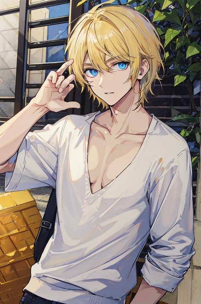 a handsome man,adult,blond,blue eyes,clavicle,Loose top,casual gesture,