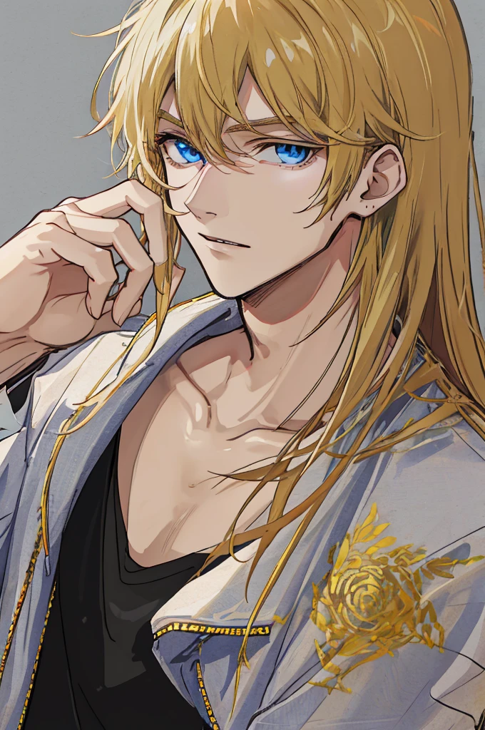 a handsome man，adult，blond，blue eyes，clavicle，Loose top，casual gesture，
