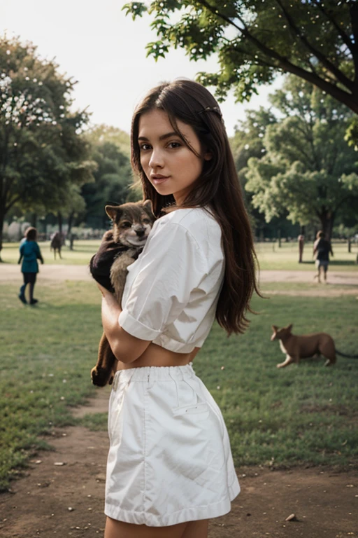 beautiful girl stands with animals in the park