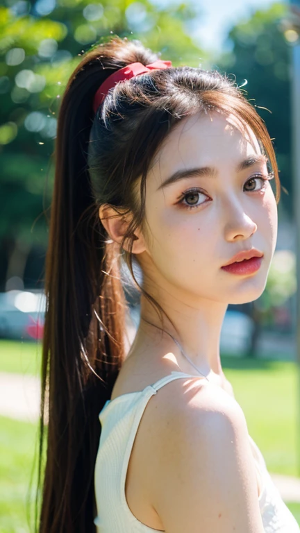 A girl named Amy, Ponytail, Random Flare, f/1.8, 135mm, Olympus, UHD, retina, masterpiece, ccurate, anatomically correct, textured skin, super detail, high details, high quality, best quality, highres, 1080P, HD, 4K, 8k, Formal Attire