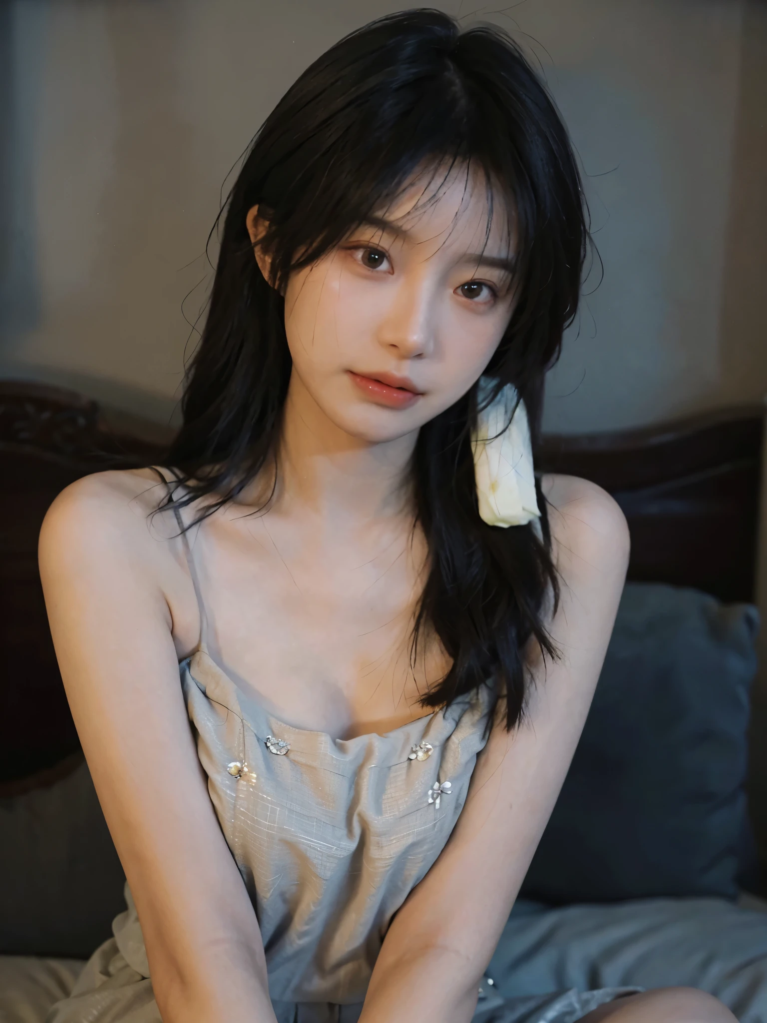 Film portrait photography, 1 girl, bare shoulders, Shoulder length wavy hair, serene, calm, (Realistic and detailed eyes, natural skin texture, Realistic facial details), Soft dramatic lighting, depth of field, Bokeh,cleavage， Vibrant details, Detailed and detailed, Surrealism, 35mm film, hazy, ,