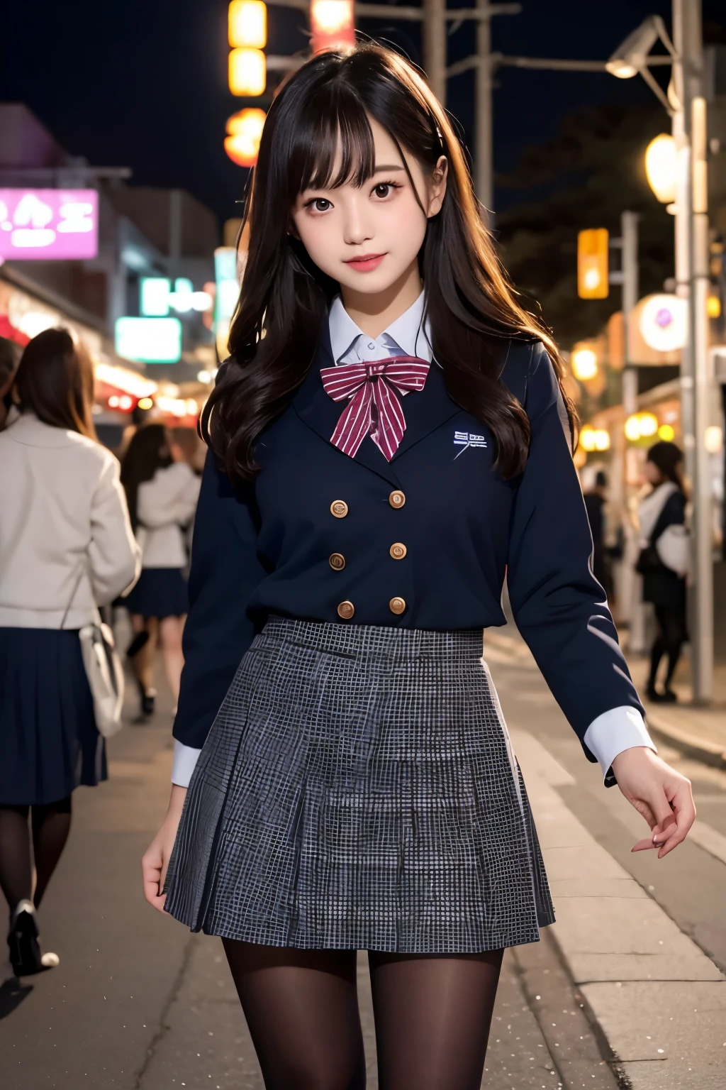 low angle shot、black pantyhose、big breasts、Shoes are visible、super treet snap、tall, A baby-faced gal woman wearing a short skirt and bow tie is standing in a neon street at night、high school student、Thin calf、japanese girl、Winter clothes、Wearing Japanese school uniform、Japanese school black uniform、Wearing a surreal high school uniform、girl in uniform、Wearing a dark blue uniform、Full body Esbian、(micro mini skirt)、Plump thighs、Wearing pantyhose that show your skin、leather shoes、Japanese high school 、Nogizaka Idol、inviting eyes