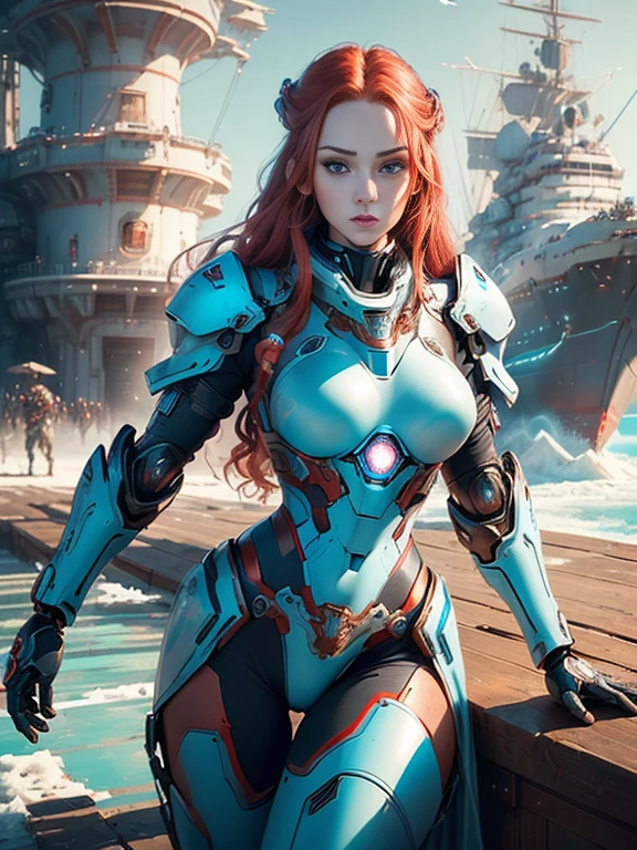 Photorealistic image ((Masterpiece)), ((high quality)) UHD 8K, of a beautiful, slim and realistic mecha transforming Robot, (medium chest), (skinny waist), (long red hair), (blue eyes), ((Hyper-realistic mecha armor, with red metal and intricate ice blue lights)), (in combat position, in a futuristic ship, science fiction