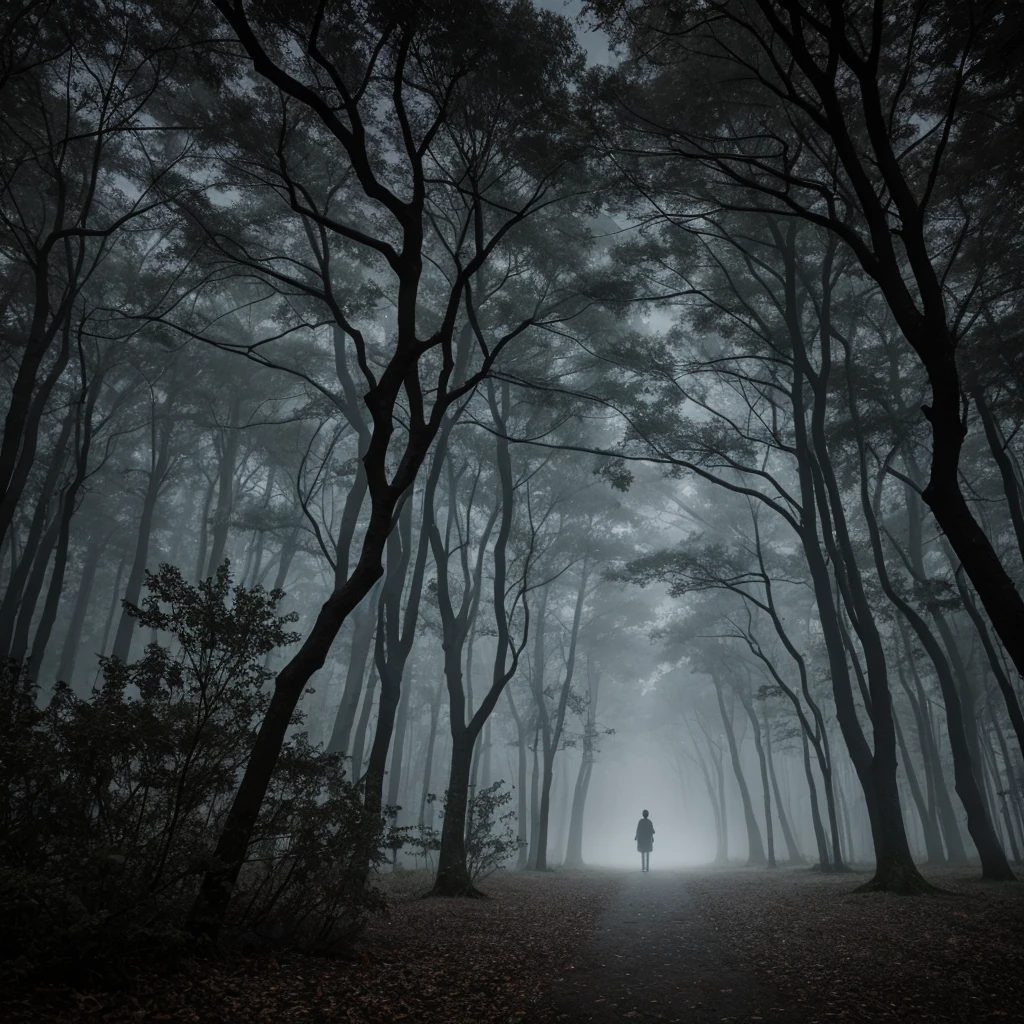 aspect ration 5:1, A dimly lit forest at night, shrouded in mist and shadows. A solitary, twisted tree stands in the foreground, its branches reaching out like skeletal fingers. The moon casts an eerie glow, highlighting the gnarled roots that snake through the forest floor. In the distance, barely visible, is a mysterious figure with glowing eyes. The atmosphere is tense, and an unsettling feeling of suspense lingers in the air. 