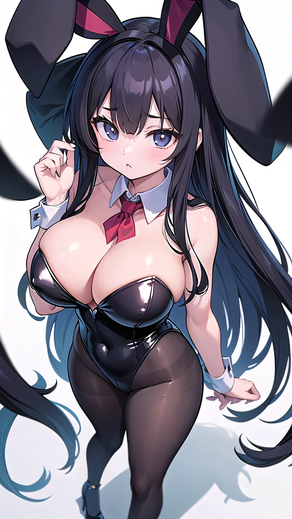 1 girl, game CG, playboy,Bunny girl,two rabbit ears,pantyhose,Wear heels,huge breasts, black hair, long hair, straight hair, black eyes,Standing picture of the game, ((From the top of the head to the abdomen、portrait)),white background,