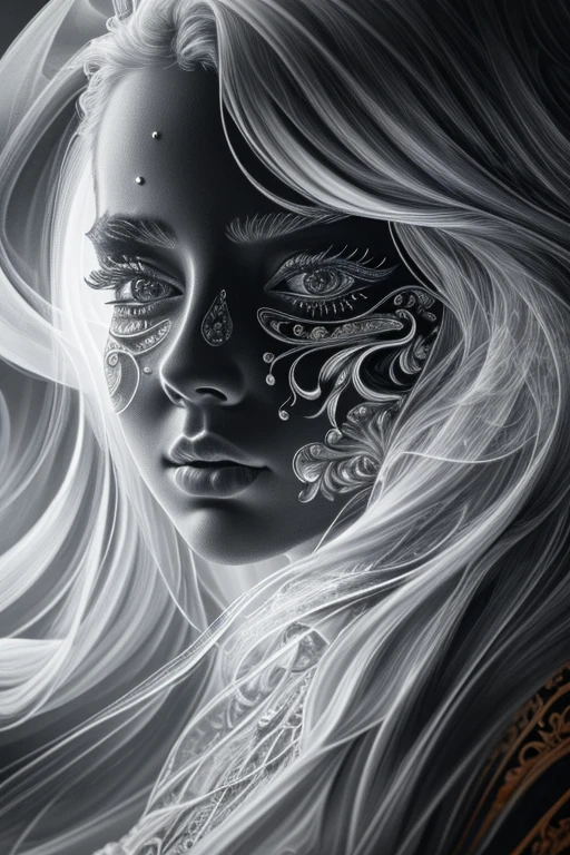 a close up symmetrical portrait of a female ghost, luminescent, mshn ghost, splashes of red orange black, hyper realistic, intricate design, (insanely detailed:1.4), (extremely fine details:1.35), Extremely sharp lines, steel, cinematic lighting, Photorealistic, a detailed painting by Ayami Kojima and Lilia Alvarado, (best quality, high quality, absurdres, intricate detail, masterpiece, cinematic), highly detailed, motion blur, film grain, noise, lens effects,