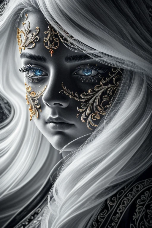 a close up symmetrical portrait of a female ghost, luminescent, mshn ghost, splashes of red orange black, hyper realistic, intricate design, (insanely detailed:1.4), (extremely fine details:1.35), Extremely sharp lines, steel, cinematic lighting, Photorealistic, a detailed painting by Ayami Kojima and Lilia Alvarado, (best quality, high quality, absurdres, intricate detail, masterpiece, cinematic), highly detailed, motion blur, film grain, noise, lens effects,