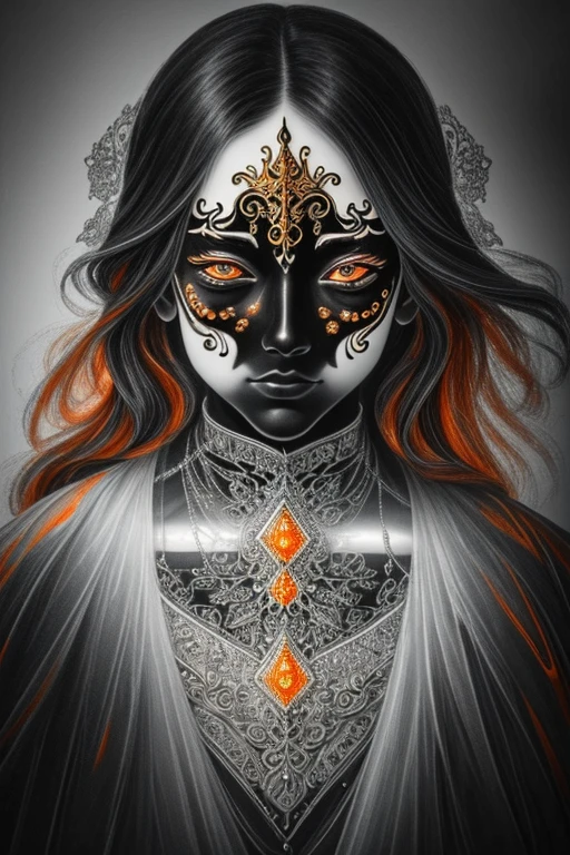 a close up symmetrical portrait of a female ghost, luminescent, mshn ghost, splashes of red orange black, hyper realistic, intricate design, (insanely detailed:1.4), (extremely fine details:1.35), Extremely sharp lines, steel, cinematic lighting, Photorealistic, a detailed painting by Ayami Kojima and Lilia Alvarado, (best quality, high quality, absurdres, intricate detail, masterpiece, cinematic), highly detailed, motion blur, film grain, noise, lens effects,