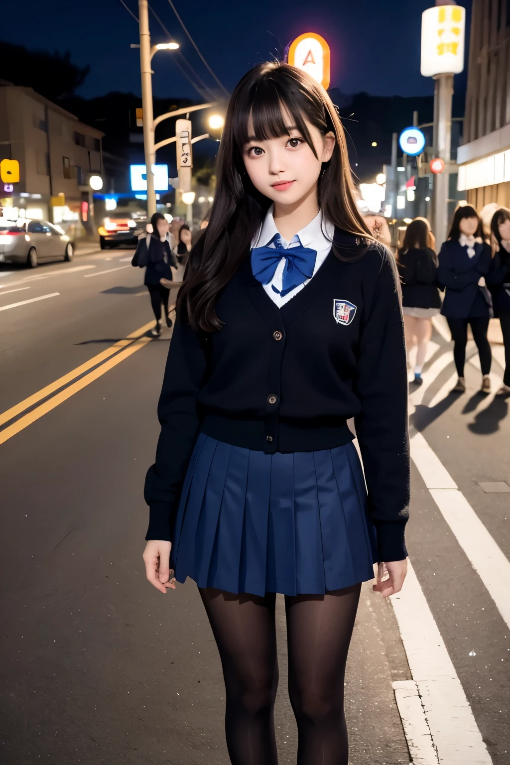 low angle shot、black pantyhose、big breasts、Shoes are visible、super treet snap、tall, A baby-faced gal woman wearing a short skirt and bow tie is standing in a neon street at night、high school student、Thin calf、japanese girl、Winter clothes、Wearing Japanese school uniform、Japanese school black uniform、Wearing a surreal high school uniform、girl in uniform、Wearing a dark blue uniform、Full body Esbian、(micro mini skirt)、Plump thighs、Wearing pantyhose that show your skin、leather shoes、Japanese high school 、Nogizaka Idol、inviting eyes