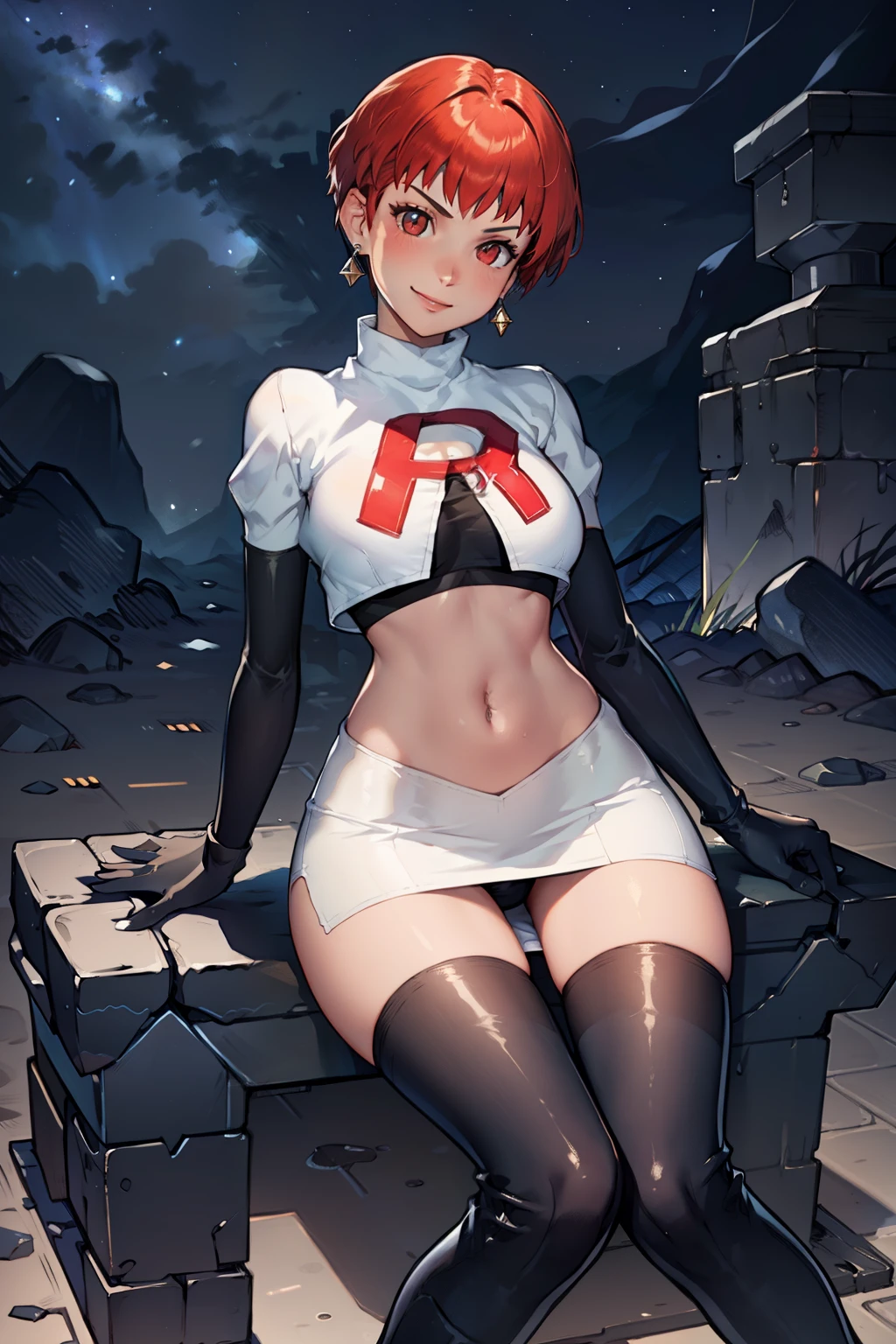 leonie pinelli, short hair ,earrings, glossy lips ,team rocket uniform, red letter R, white skirt,white crop top,black thigh-high boots, black elbow gloves, evil smile, sitting down ,legs crossed, night sky background