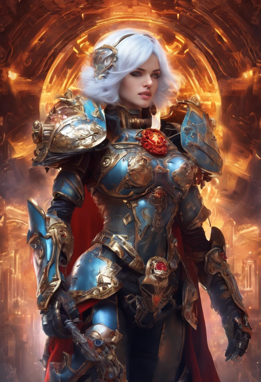 female warrior, adepta sororitas, (best quality:1.6), (bob haircut, white hair), red cape, (warhammer 40k art:1.4), (futuristic power armor:1.2), walking, (background: spacious spaceship hangar, steampunk machinery), (best quality:1.6),beautiful face, (best quality, masterpiece, award winning:1.4),(best quality:1.6), (octane render, depth of field,  vivid colours:1.4), empty hands, (octane render, depth of field:1.7)
