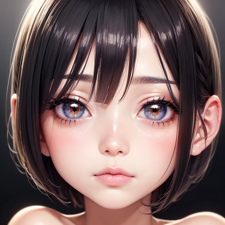 top-quality, ​masterpiece, A dark-haired, adult lady、blue eyess, look up to, The upper part of the body、Black Short Bob、hime-cut、Very detailed、Adults（Face Close-up）Face Close-up