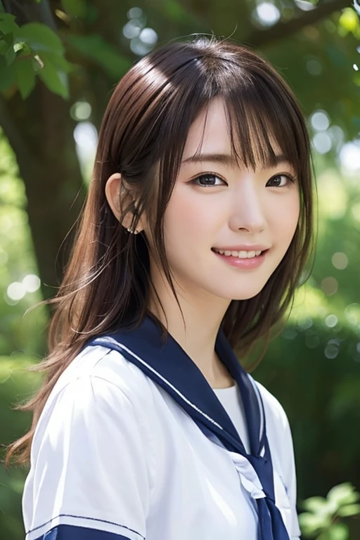 (8K、Raw photo、highest quality、masterpiece:1.2)、(realistic、Photoreal:1.37)、super detailed、Super high resolution、1 girl、see the beholder、beautiful and detailed face、laughter、narrow、(slim waist) :1.3)、Beautiful and smooth skin、skin texture、floating hair、professional lighting、human body as a whole、blonde、Japanese high school uniform、sailor suit、Twin Hairstyles、E cup、smile、、red ribbon、baby face、in the forest、Tree of the Rising Sun々Passing sunshine、god々々Shikai、Hair fluttering in Wind、Wind、Commuting to school、学校のCommuting to school路、headphone、Listen to the music