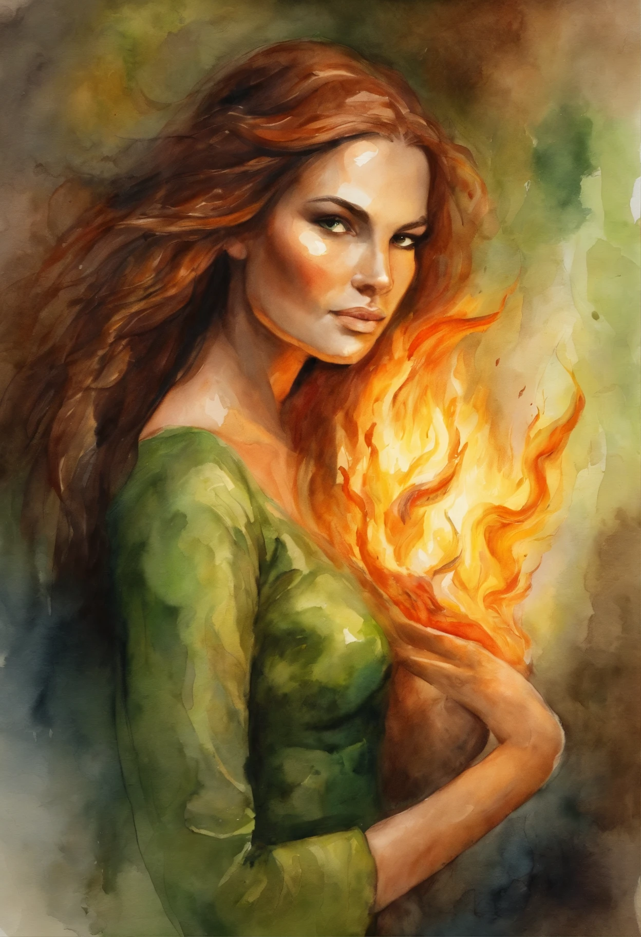 fire, cave, Fire Spirit, the Dragon, young woman, green-eyed girl, Brown hair, looks at the man on fire