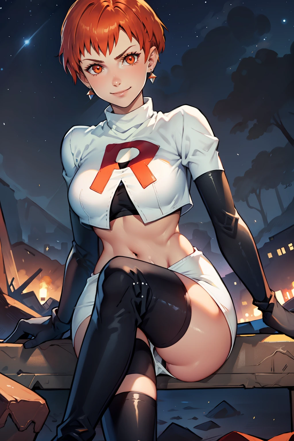 leonie pinelli, orange hair ,short hair ,earrings, glossy lips ,team rocket uniform, red letter R, white skirt,white crop top,black thigh-high boots, black elbow gloves, evil smile, sitting down ,legs crossed, night sky background