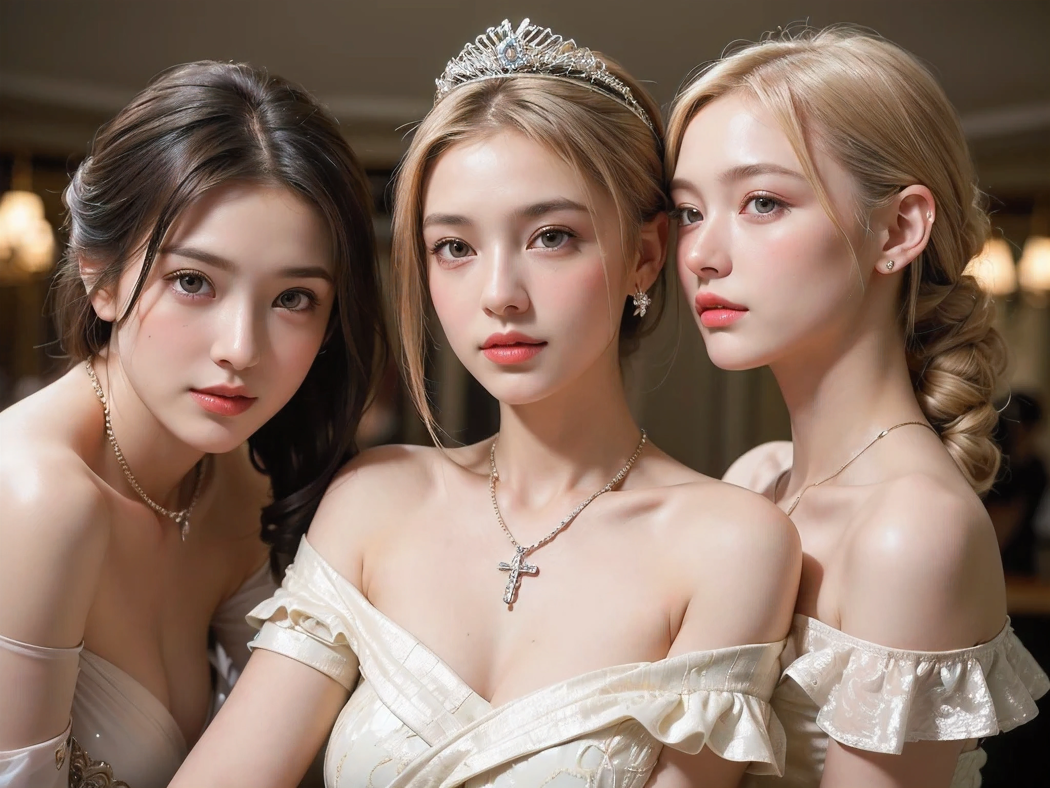 Three young women in dresses posing for a picture in a room - SeaArt AI