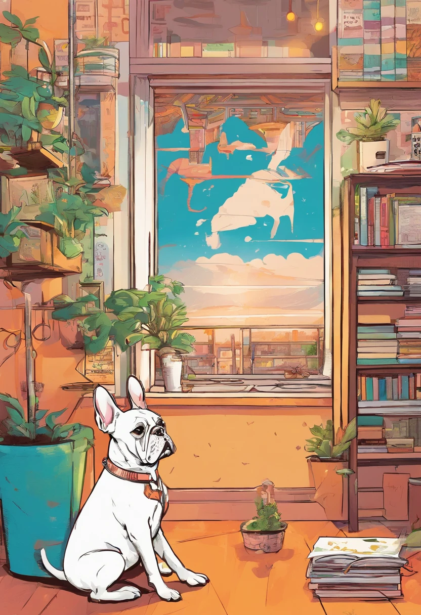 8k、high resolution、LO-FI、dog、French Bulldog、room、sitting