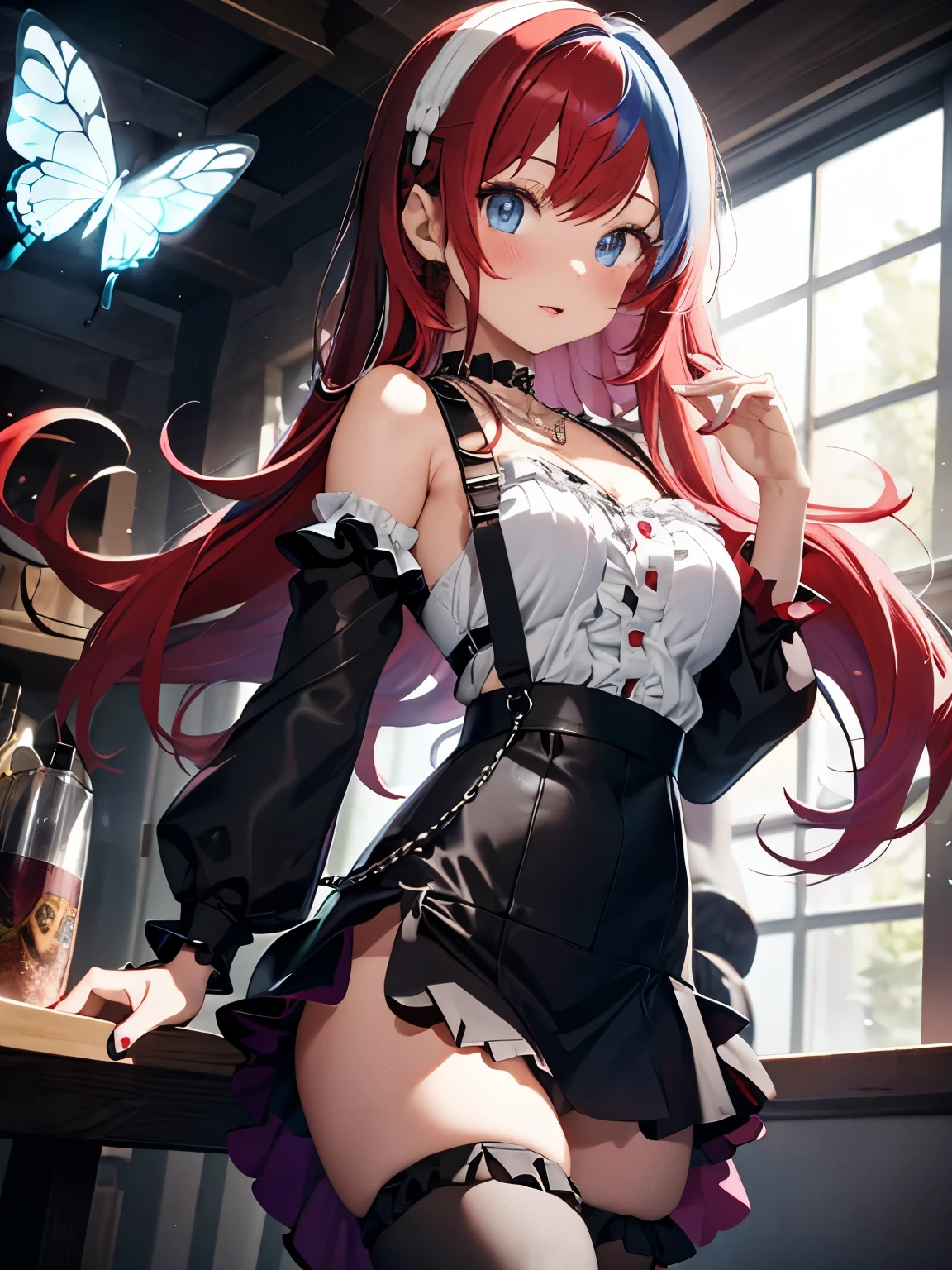 (character//1 girl,((two-tone red and white hair:1.2)),(With bangs),(long hair),(Hair with only the tips curled:1.3),((blue eyes)),(The inside of your eyes is so clear and beautiful),((small breasts)),(slight blush),open mouth smile),BREAK (fashion//Overall Gothic  style black, white and purple outfit.,(Tight skirt with slits and frills:1.2),Off-the-shoulder long sleeves,(chain necklace and jewelry),The cuffs of the sleeves are soft),BREAK (background//A fantasy space where butterflies fly around),