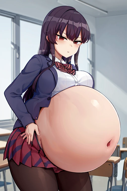 masterpiece, best quality, 1girl, solo, komi-san wa komyushou desu, ks school uniform, blue jacket, white shirt, striped bowtie, red skirt, black pantyhose, looking at viewer, (classroom), cowboy shot , big belly, large belly, vore belly, (vore belly:1.6), (large belly:1.4), good belly, (big belly:1.6)