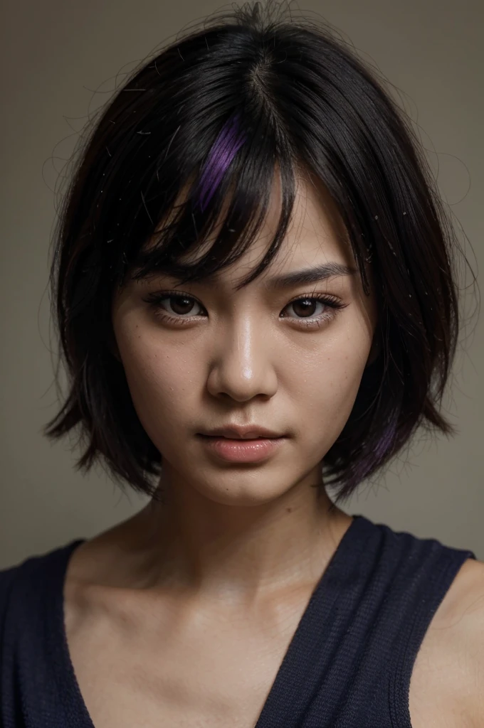 Portrait photo, close-up of face, photo from different angles, (RAW photo, highest quality), (realistic, photorealistic), Fei Liang Asian girl, Chinese, 25 years old, beautiful and highly detailed face, short haircut at the level of shoulders, punk style, loose hair, black hair with a purple streak