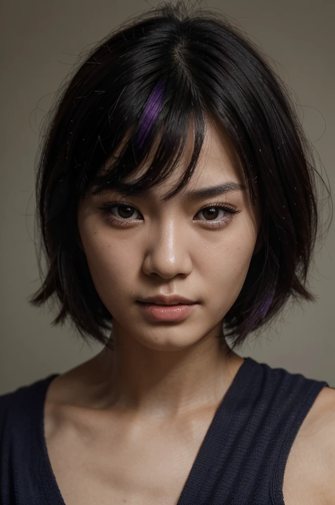 Portrait photo, close-up of face, photo from different angles, (RAW photo, highest quality), (realistic, photorealistic), Fei Liang Asian girl, Chinese, 25 years old, beautiful and highly detailed face, short haircut at the level of shoulders, punk style, loose hair, black hair with a purple streak