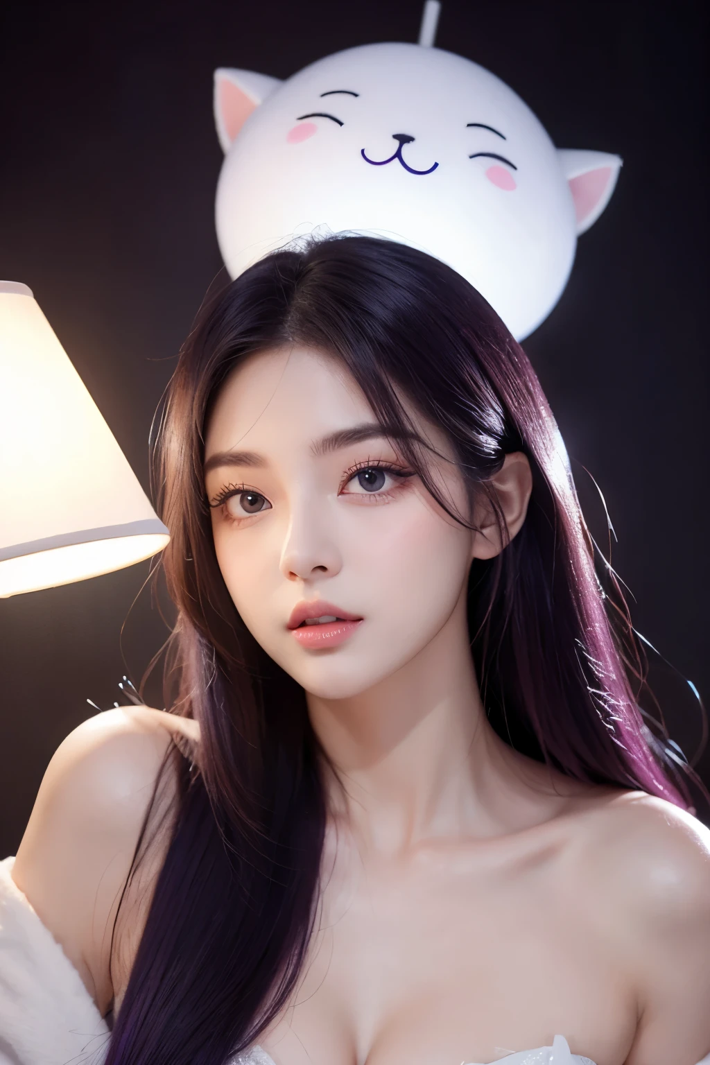 (Needle lamp, 后窗的Light线是背Light的, 背Light照明, Light), sharp focus:1. 4, (Ultra-detailed, detailed meticulous), 面部close up, close up, 1 girl, Egg-shaped face but cat-like eyes, small, plump lips, Straight and cute nose, The cheekbones are slightly reddened, Eyebrows are thick and long, beautiful eyelashes.A purple-haired one,Protruding cleavage,full-body shot