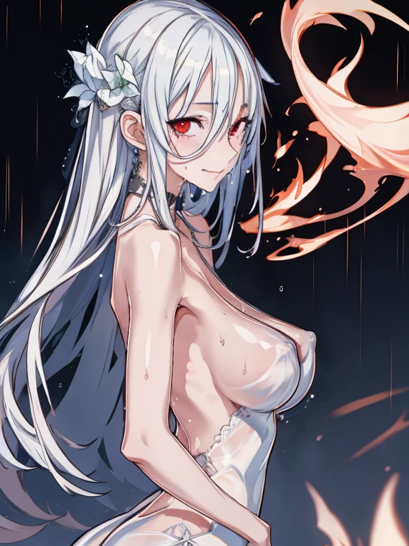 1girls, arms behind back, rain, ?????????, (4K,realistic,highres,absurdres,masterpiece:1.2),((cinematic lumination)),deep depth of field,charming face,bloom,white dress,(covered pointy ???????:0.9),big sagging ???????,(smiling:0.6),young female,  looking at the viewer, white skin, ((slim, skinny)), ((wet skin, sweat)), high heels, detailed red eyes