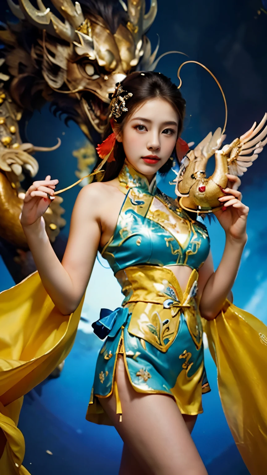 (masterpiece、masutepiece、top-quality、top-quality、Official art、Beautifully Aesthetic:1.2)、(1girl in:1.3)、ighly detailed、(Fractal Art:1.1)、(colourfull:1.1)(florals:1.3)、highestdetailed、(Zentangle:1.2)、(dynamicposes)、(Abstract background:1.3)、(Chinese Traditional Cloth:1.2)、(shinny skin)、(Many colors:1.4)、、(Golden earrings:1.4)、Colossal tits、Big breasts as breast milk、 are protruding、 are protruding、Glossy skin々、It's shiny、 统一 8k 壁纸, ultra-detailliert, Beautifully Aesthetic, masterpiece, top-quality, (Zentangle, Tangles, Entanglement), (Fractal Art: 1.4), 1girl in, A dark-haired, Chinese, bare shoulders, a short skirt, Calf, a navel, ighly detailed, dynamic ungle, cowboy shot, (The most beautiful forms of chaos), A flowing, (bright colour), nffsw, (half: 1.2), Chinese Big, (Tanka Flying Sky: 1.5), (bow ribbon: 1.3), (Dreams: 1.5), (Han Feng: 1.5), Chinese Dragon, Chinese phoenix、(A smile:0.5)、(chinese deity)、show niipples, show vagina, open legs:1.3