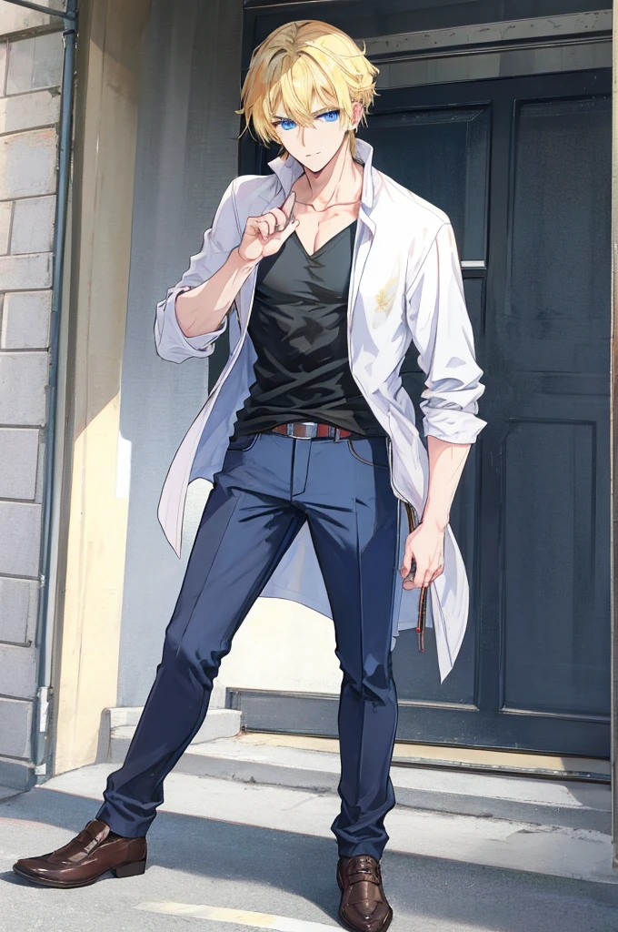 a handsome man，adult，blond，blue eyes，clavicle，casual gesture，full-body shot，