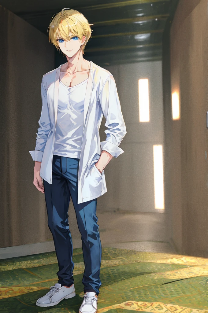 a handsome man，adult，blond，blue eyes，clavicle，casual gesture，full-body shot，