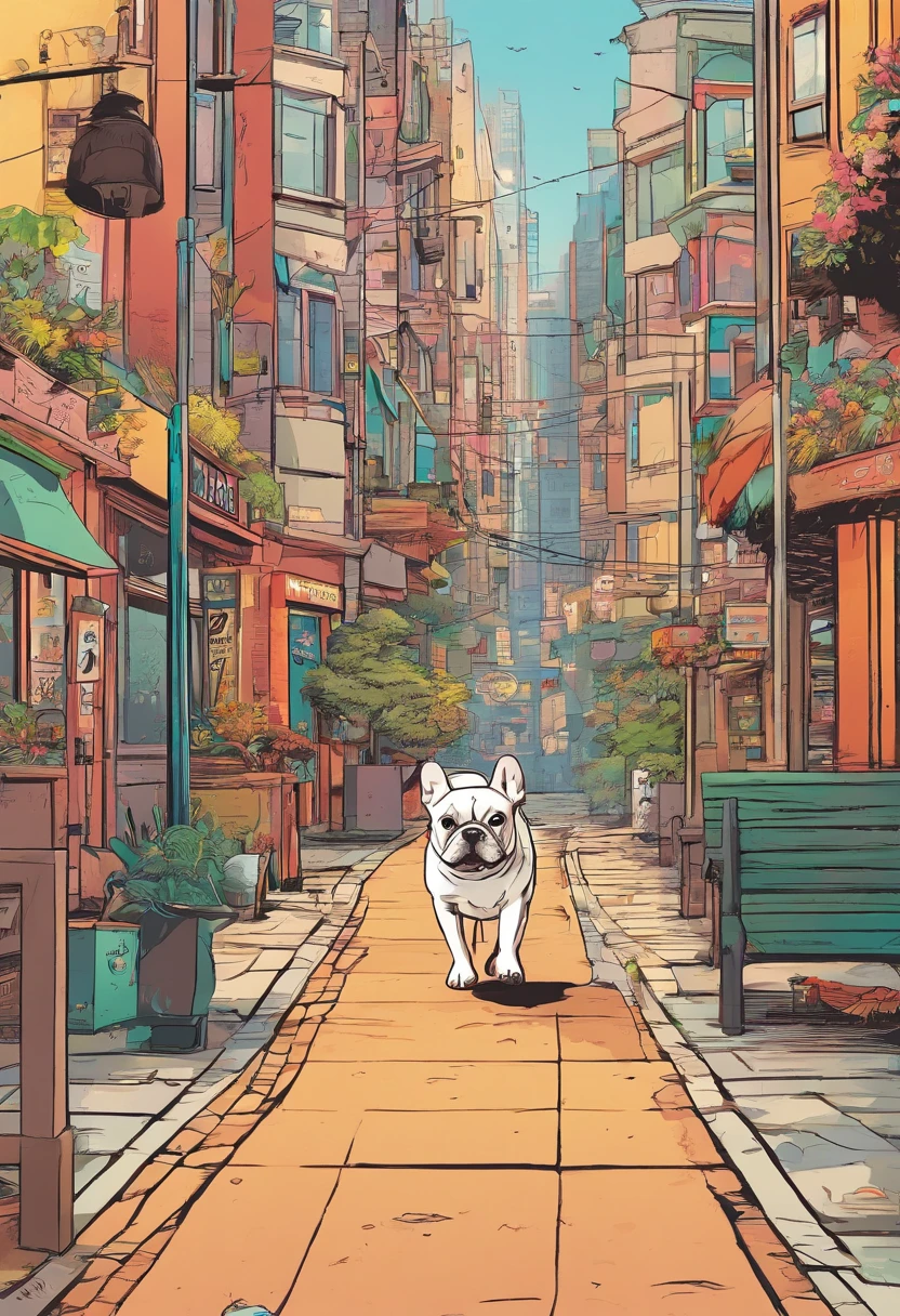 8k、high resolution、LO-FI、dog、French Bulldog、taking a walk
