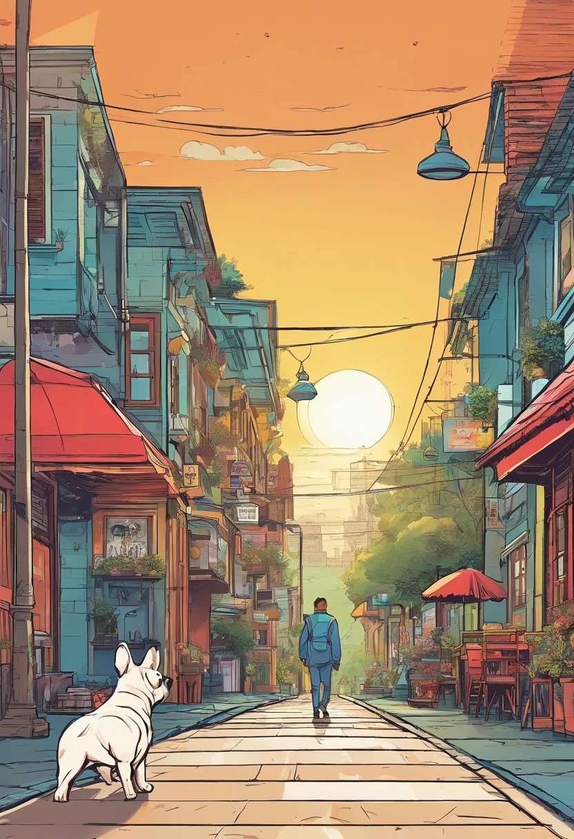 8k、high resolution、LO-FI、dog、French Bulldog、taking a walk