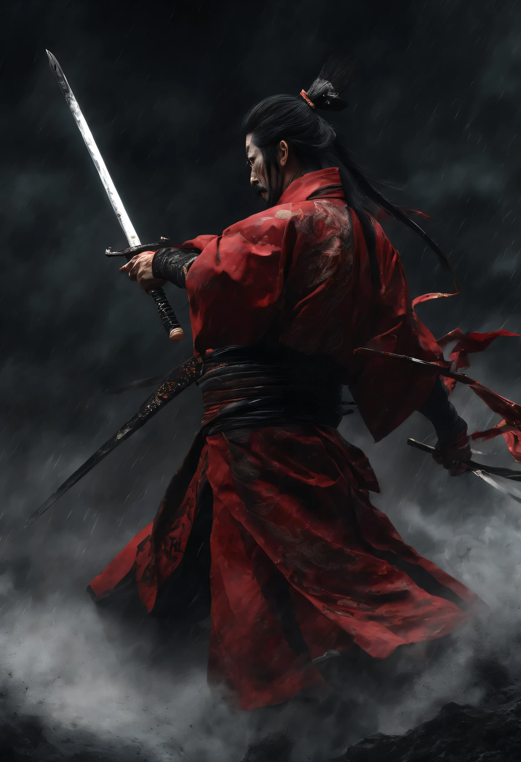 (highest quality,4K,8K,High resolution,masterpiece:1.2),Super detailed,(realistic,realistic,realistic:1.37)、Japan of the Warring States Period, Samurai in red kimono、Lightning sword in right hand、Wind sword held in left hand、From above、lightning effect、gust of wind effect