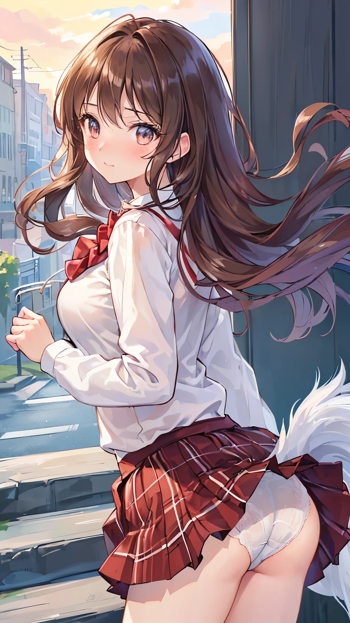 ((table top, highest quality, High resolution, nffsw, perfect pixel, 4K, nffsw, nffsw))), 1 girl, single, alone, beautiful woman、I could see the whole body、 ((middle wavy hair, bangs, brown hair)), ((brown eyes, beautiful eyelashes, realistic eyes)), ((detailed face, blush:1.2)), ((smooth texture:0.75, realistic texture:0.65, realistic:1.1, Anime CG style)), medium breasts, dynamic angle, perfect body, ((red bow tie, school uniform, , white shirt, black skirt, plaid skirt)), City staircase、Angle looking up from the bottom of the stairs、Very embarrassing panic smile、Open your mouth and be surprised、 looked back、(leaning forward)、(The wind flipped my skirt and exposed my butt.........................、stick out your butt、Touching the buttocks with both hands、white lace panties)