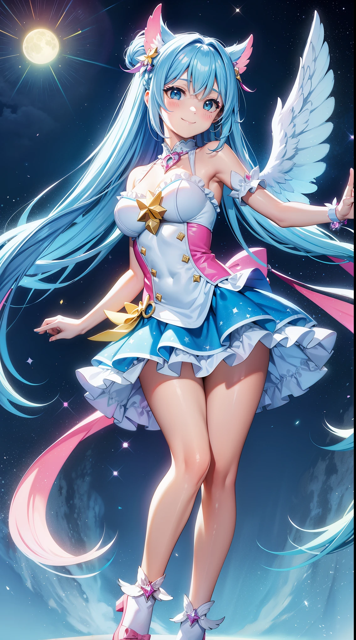 Super Idol a beauty girl A charming smile sky blue hair length hair Twin-tailed Glittery bright pink and white and blue and yellow outfit facing front Angel wings on background Mystical Fantasia constellation a moon Crystal Brilliance Aurora Borealis in the Night Sky