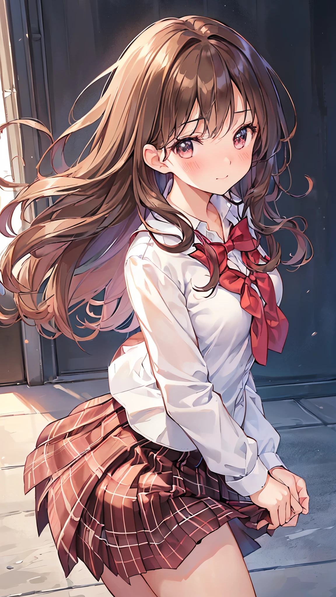 1womanl,Brown hair,Red ribbons ,((Impatient expression)),Beautiful breasts,White shirt,Red dress,well-styled,,(Facing the front)(((Blushing cheeks、embarassed expression)),(((The skirt is flipped up)))