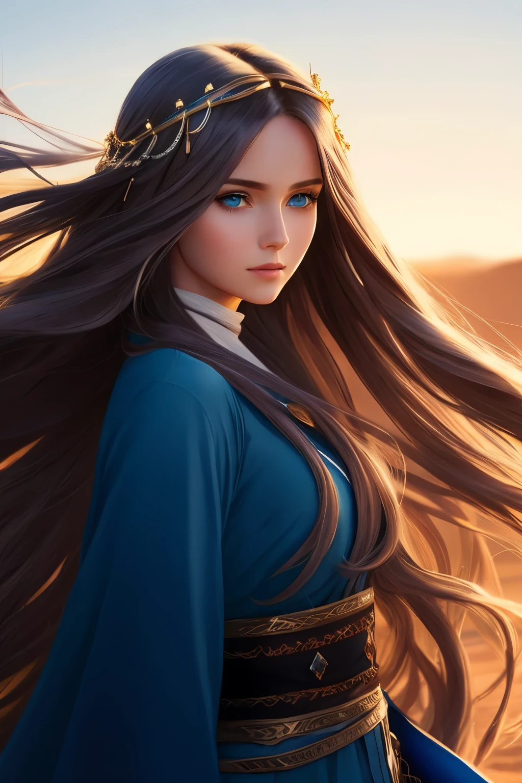 a woman with long hair and blue eyes standing in the desert, girl with long hair, long hair girl, appealing long hair, anime girl with long hair, beautiful fantasy art portrait, fantasy art style, flowing long hair, flowing hair and long robes, flowing hair, with long hair and piercing eyes, beautiful flowing hair, glowing flowing hair, girl with super long hair