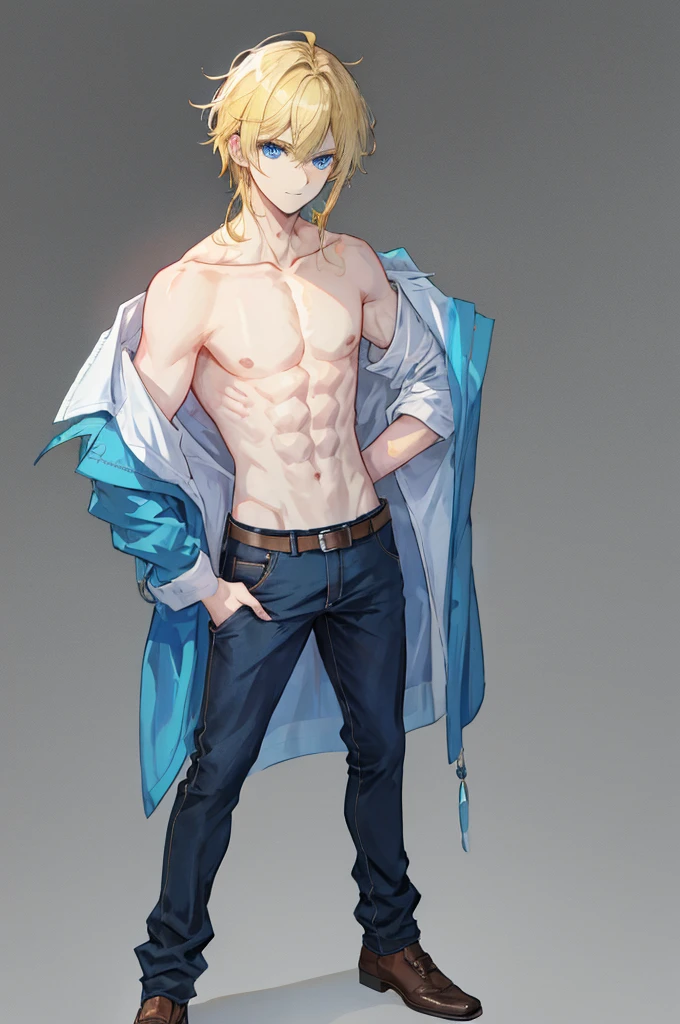 a handsome man，adult，blond，blue eyes，clavicle，Loose top，casual gesture，full-body shot，