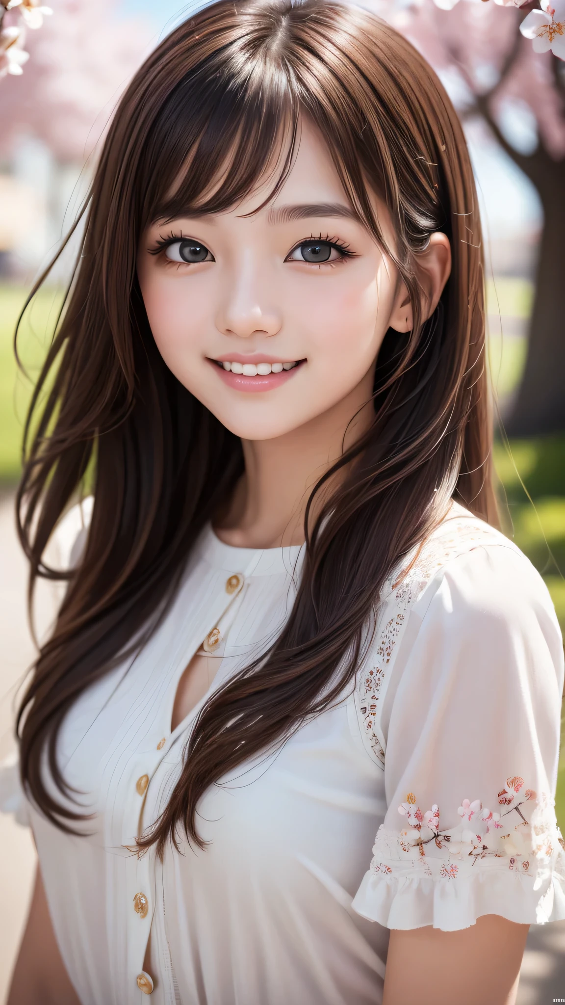 (1young girl), cute face, kawaii, Brown hair, instagram beautiful girl photos, great smiles, (Best Quality:1.3), (Ultra-detailed), (extremely detailed CG unified 8k wallpaper), Highly detailed, High-definition raw color photos, Professional Photography, cherry blossom, colorful pictures, colorful photos, depth of fields, 