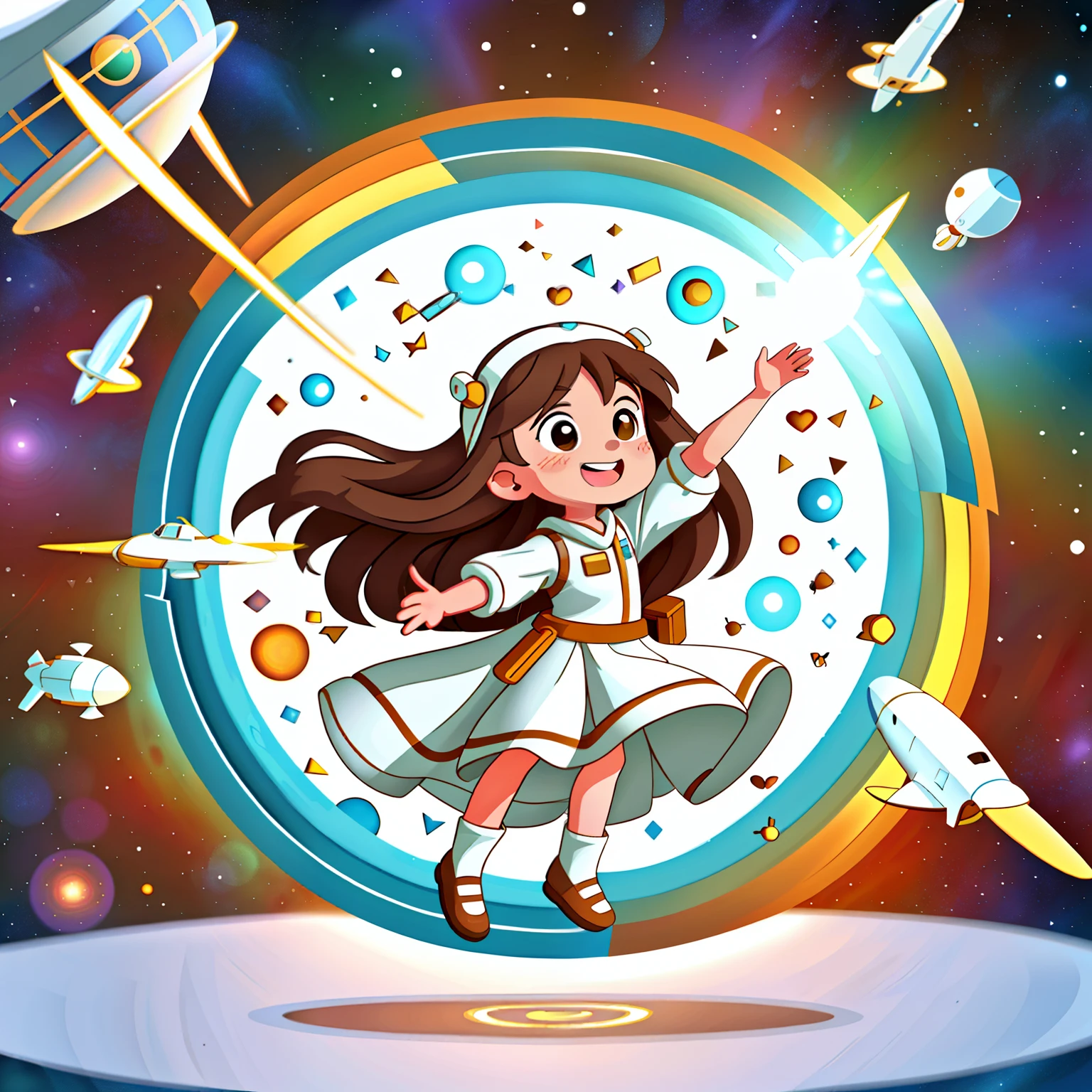 Girl with long brown hair,Put on a white wedding dress,flying in space and time(In flight)(Time and space tunnel),(There is love)happy,Surrounded by love,Surrounded by love,O sign,vector,line art,design,inspiration,straight line,RHAD