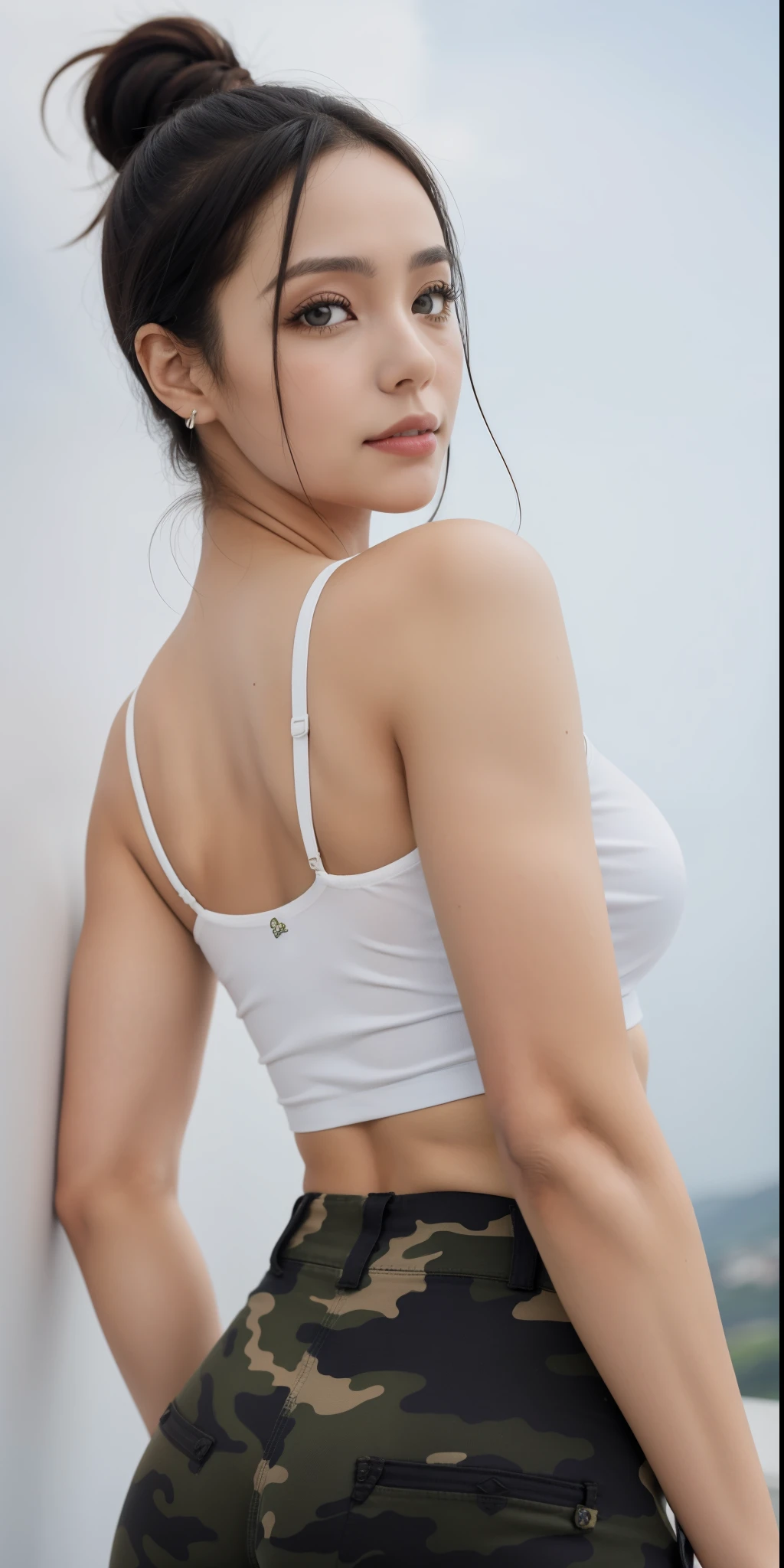 a close up of a Brazilian woman in a white top and camouflage pants, showing her shoulder from behind, dilraba dilmurat, pose de costas, ajuste figura delicada, peito empinado, from behind, vista traseira, pose lateral, cottagecore!! corpo fitness, foto de modelo de garota magra, vista traseira, ombros podem ser vistos, vista lateral